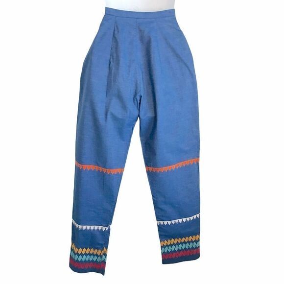Vintage 1960s Embroidered Striped Pants Blue Small - Picture 8 of 16